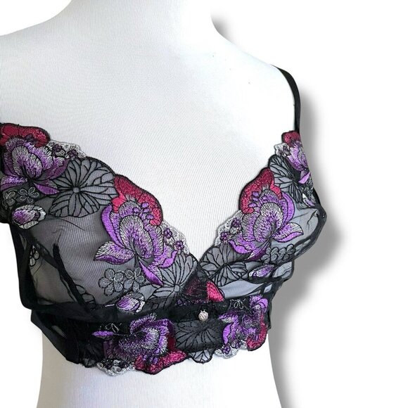 Adore Me Emilie Bralette 1X Black Floral Embroidered Sheer Mesh Wire Free Bra - Picture 4 of 9